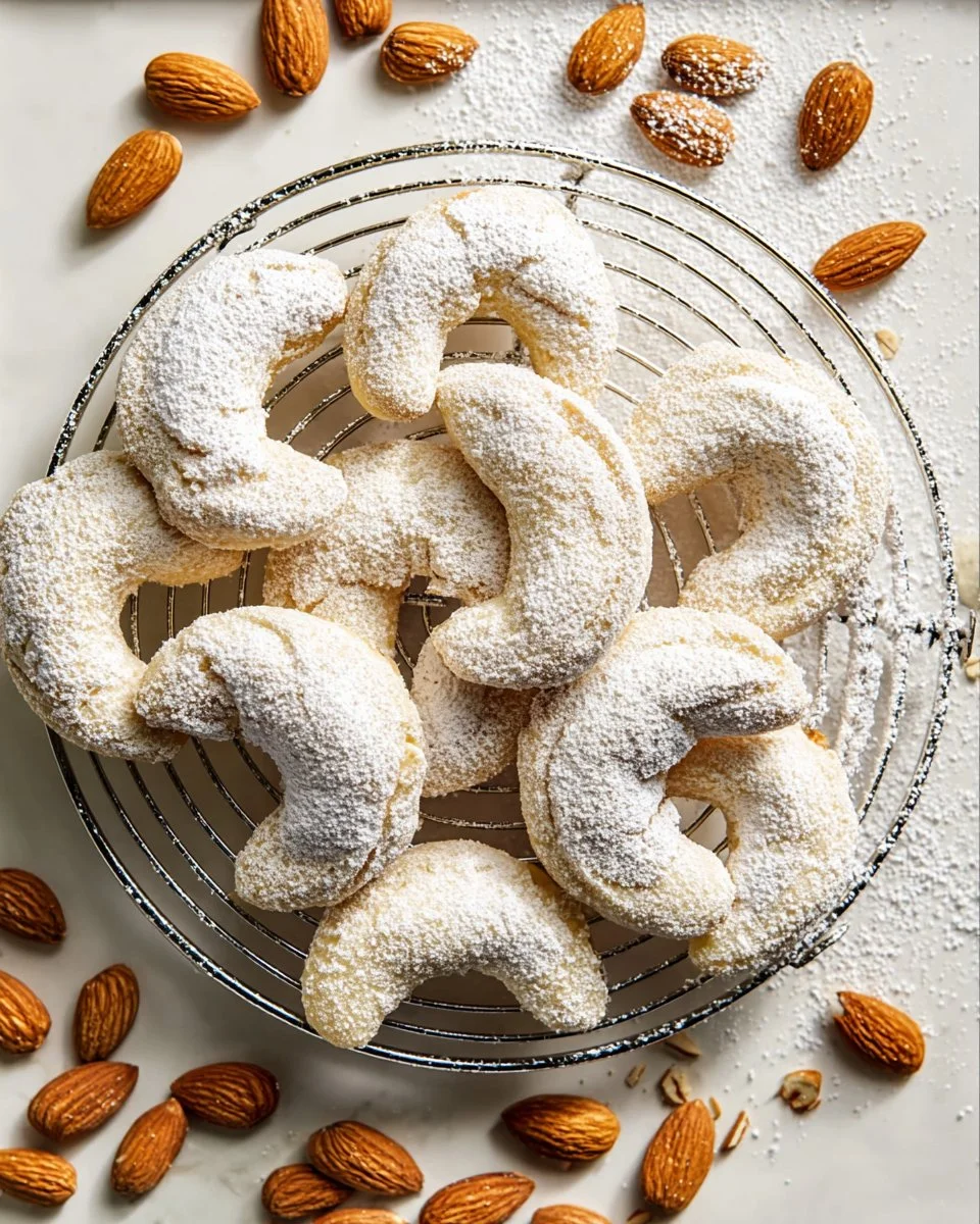 Almond Crescent Cookies shaped like crescents, dusted with powdered sugar