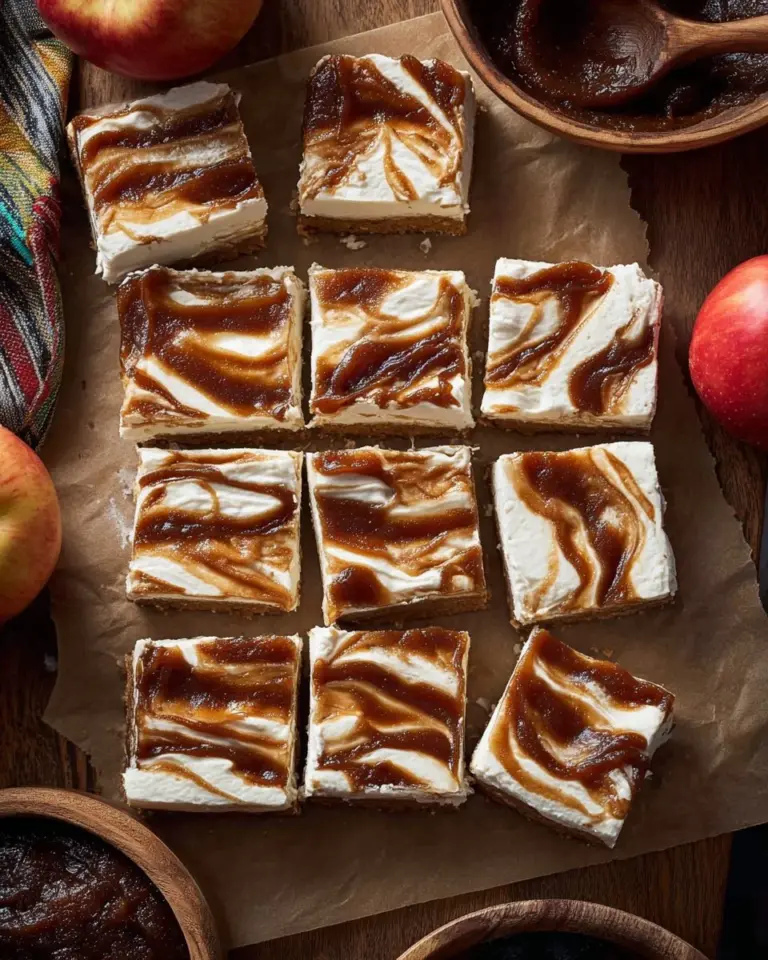 Apple Butter Cheesecake Bars topped with a sprinkle of cinnamon and apples.
