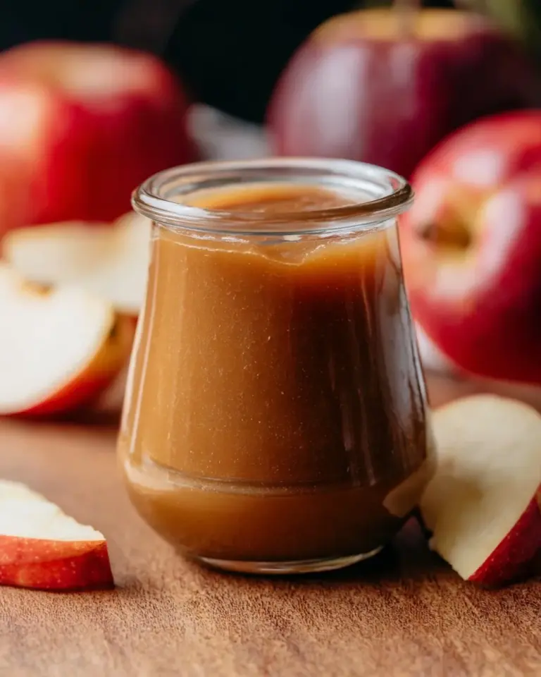 Homemade apple cider caramel sauce in a jar with fresh apples