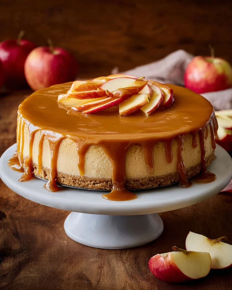 A delicious slice of Apple Cider Cheesecake topped with caramel and apples