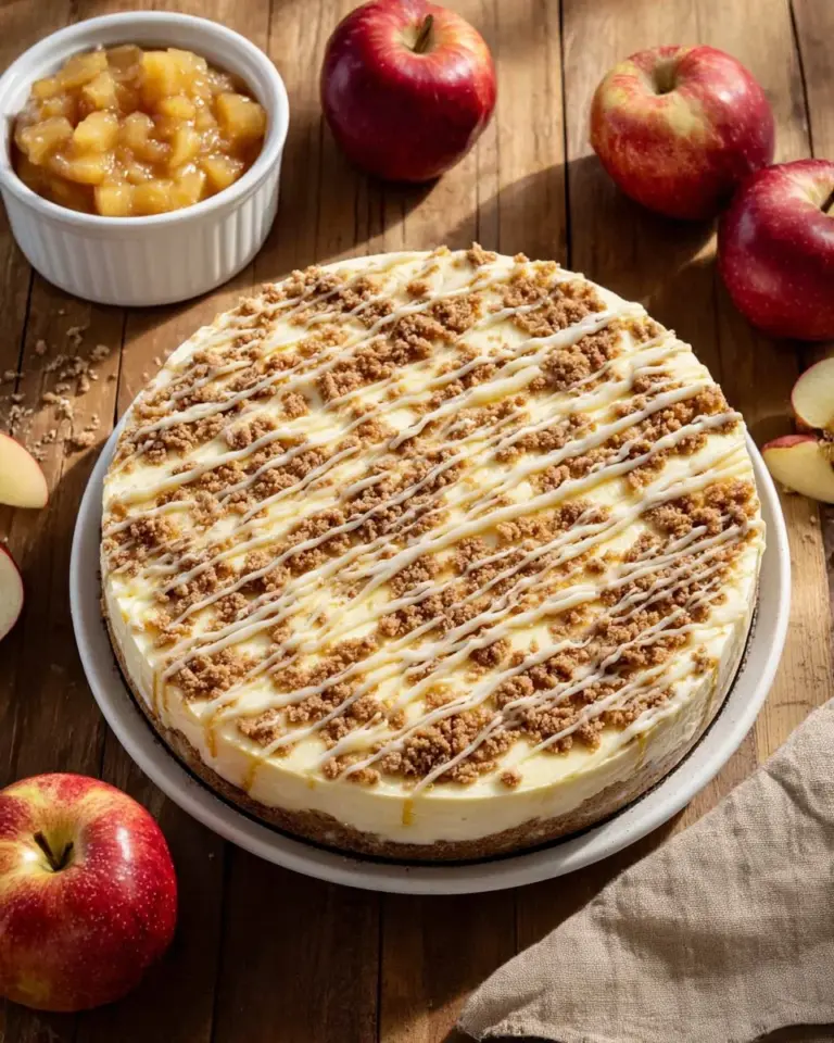 Delicious Apple Crumble Cheesecake with a crunchy topping and creamy layer