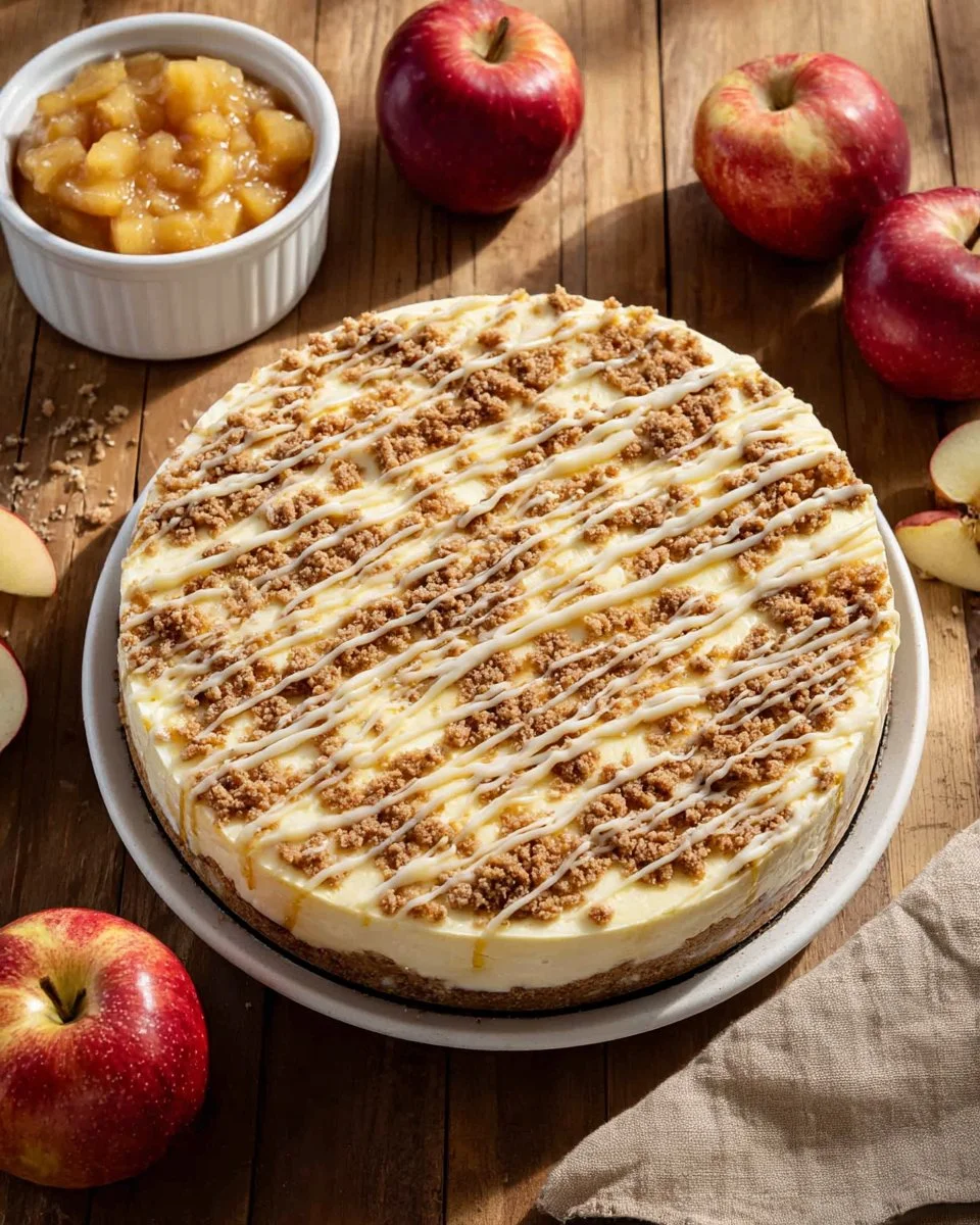 Delicious Apple Crumble Cheesecake with a crunchy topping and creamy layer