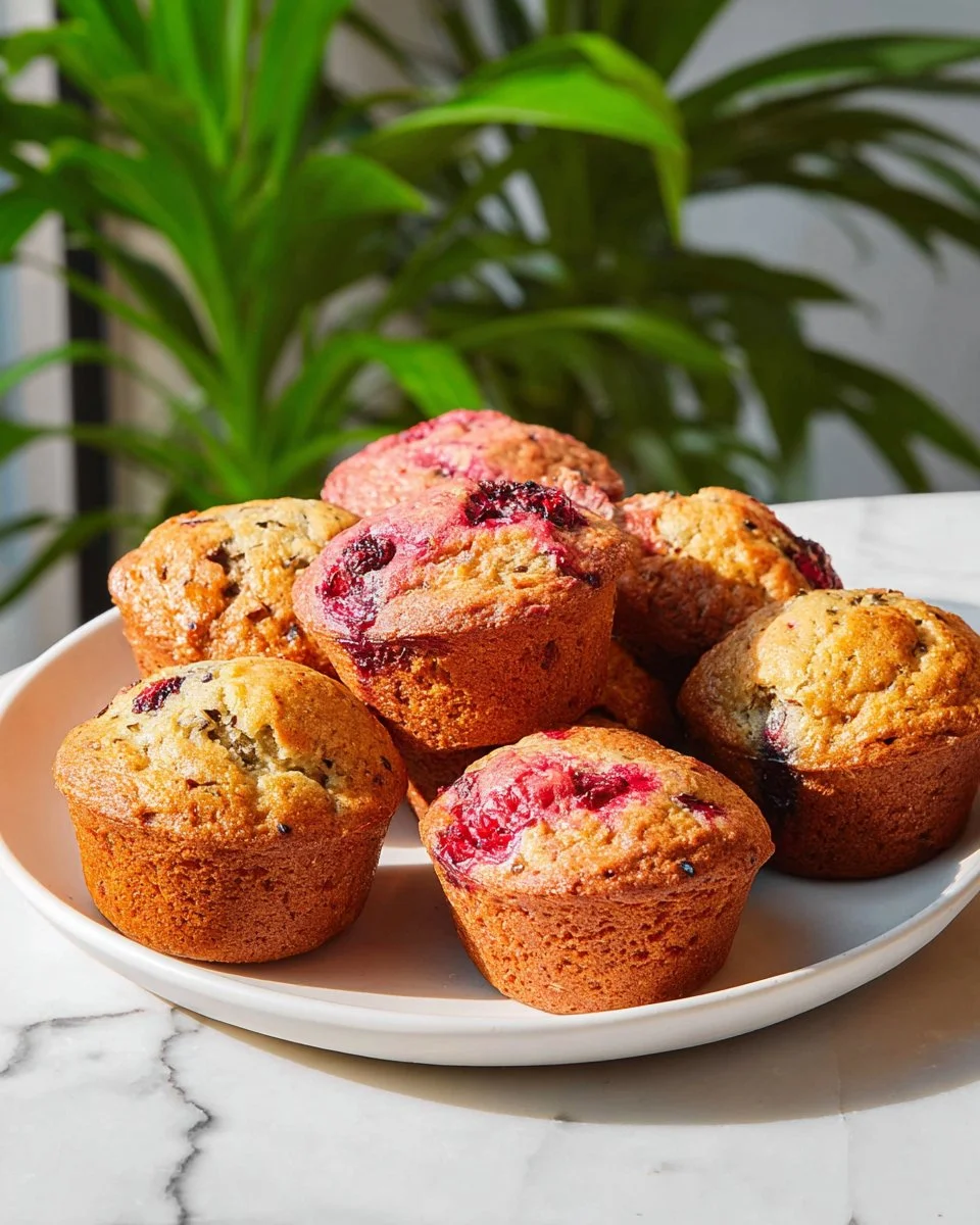 Freshly baked banana raspberry muffins on a wooden table