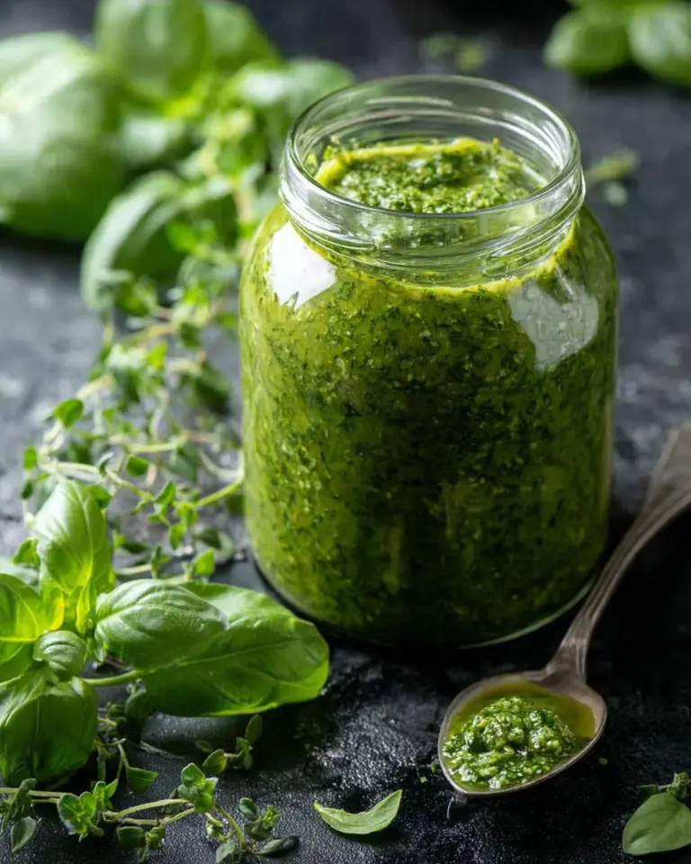 Fresh Basil Chimichurri sauce in a glass jar with herbs and spices.