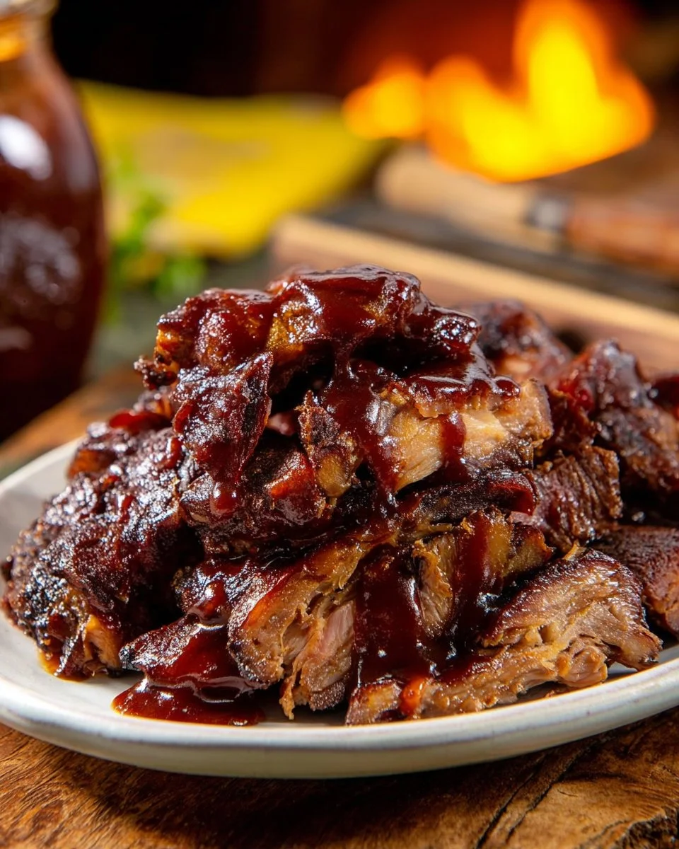 BBQ crock pot roast with herbs and spices in a serving dish