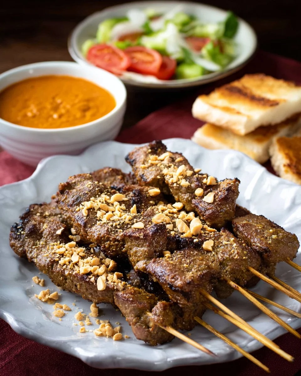 Plate of Beef Satay skewers served with Thai Peanut Sauce