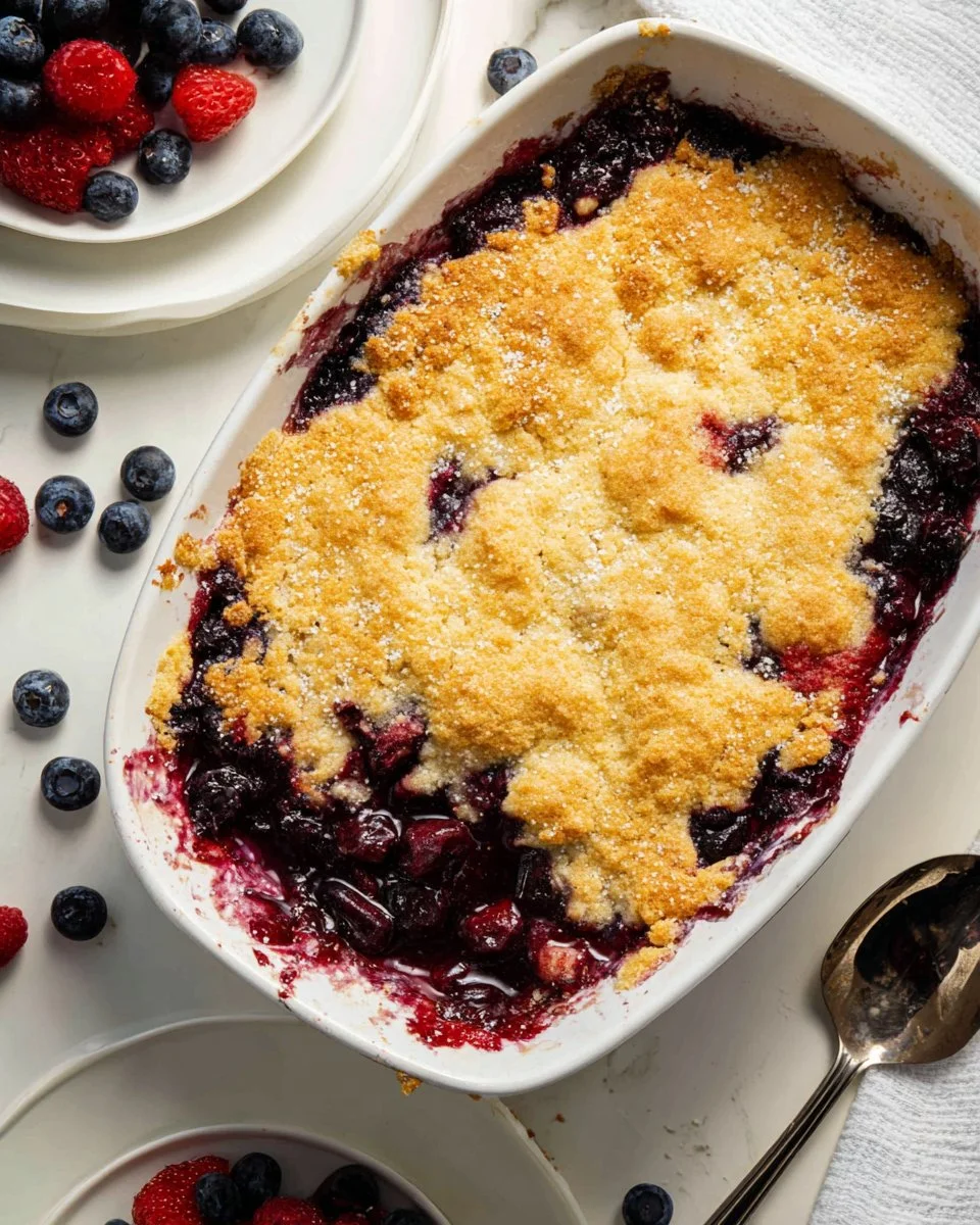 Delicious homemade Berry Dump Cake topped with fresh berries