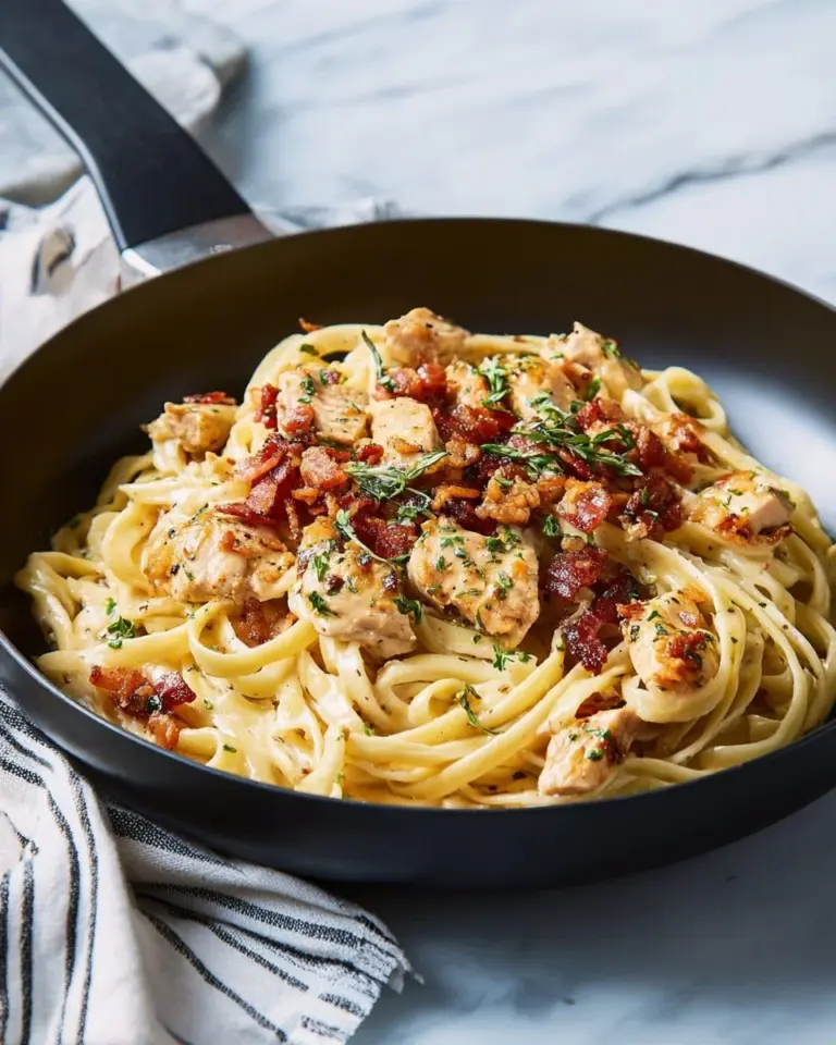 Delicious plate of the best ever chicken carbonara with creamy sauce and pasta