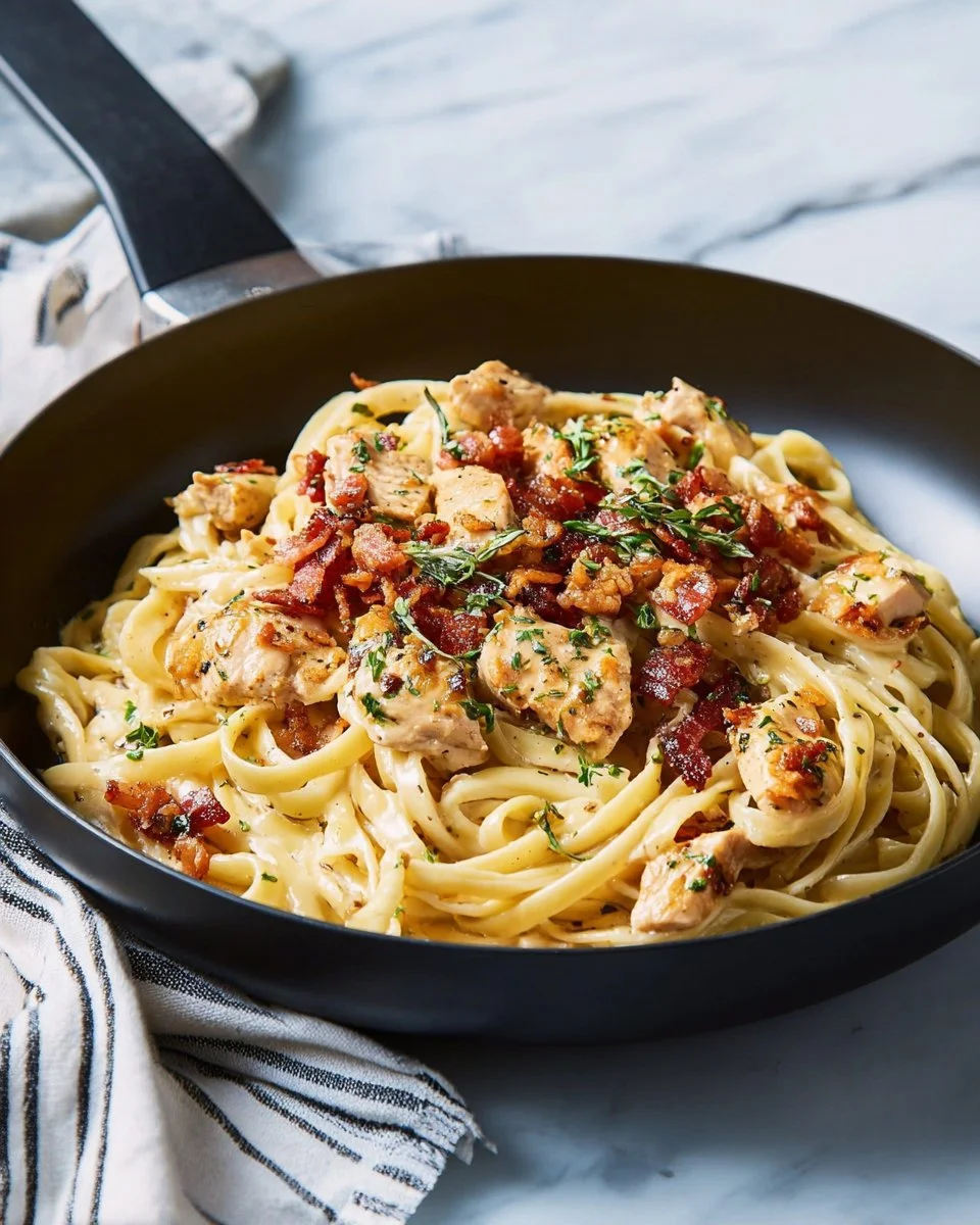 Delicious plate of the best ever chicken carbonara with creamy sauce and pasta