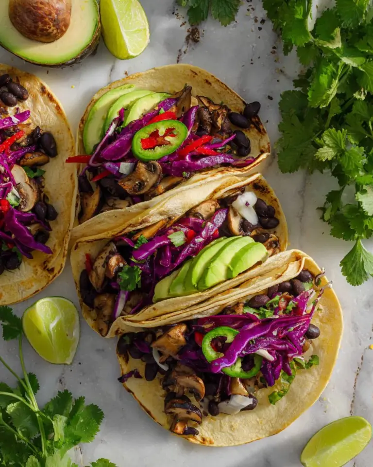 Delicious black bean mushroom tacos topped with fresh ingredients
