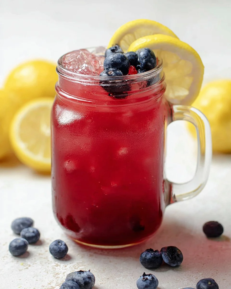 Glass of refreshing blueberry lemonade with blueberries and lemon slices