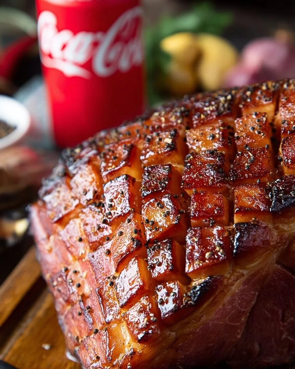 Delicious Bourbon and Coke Glazed Ham on a serving platter