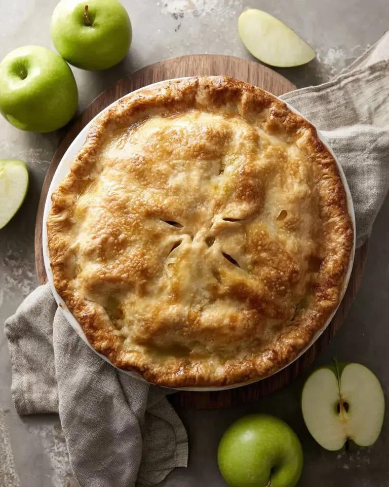 Slice of Bourbon Apple Pie on a rustic wooden table with a scoop of vanilla ice cream