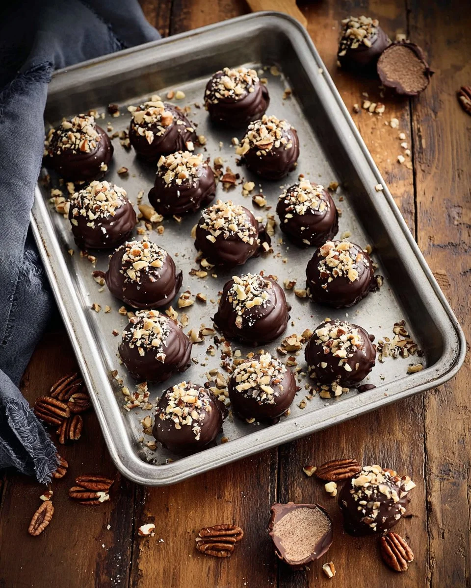 Delicious homemade Bourbon Balls coated in chocolate and nuts