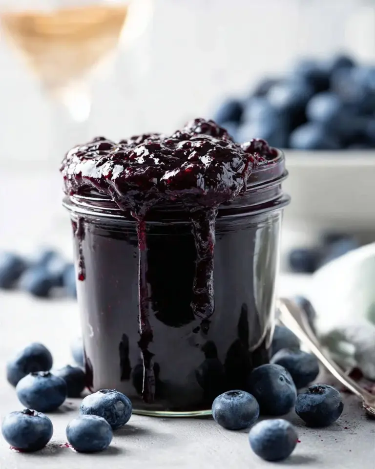 Jars of homemade Bourbon Blueberry Jam with fresh blueberries and bourbon bottle