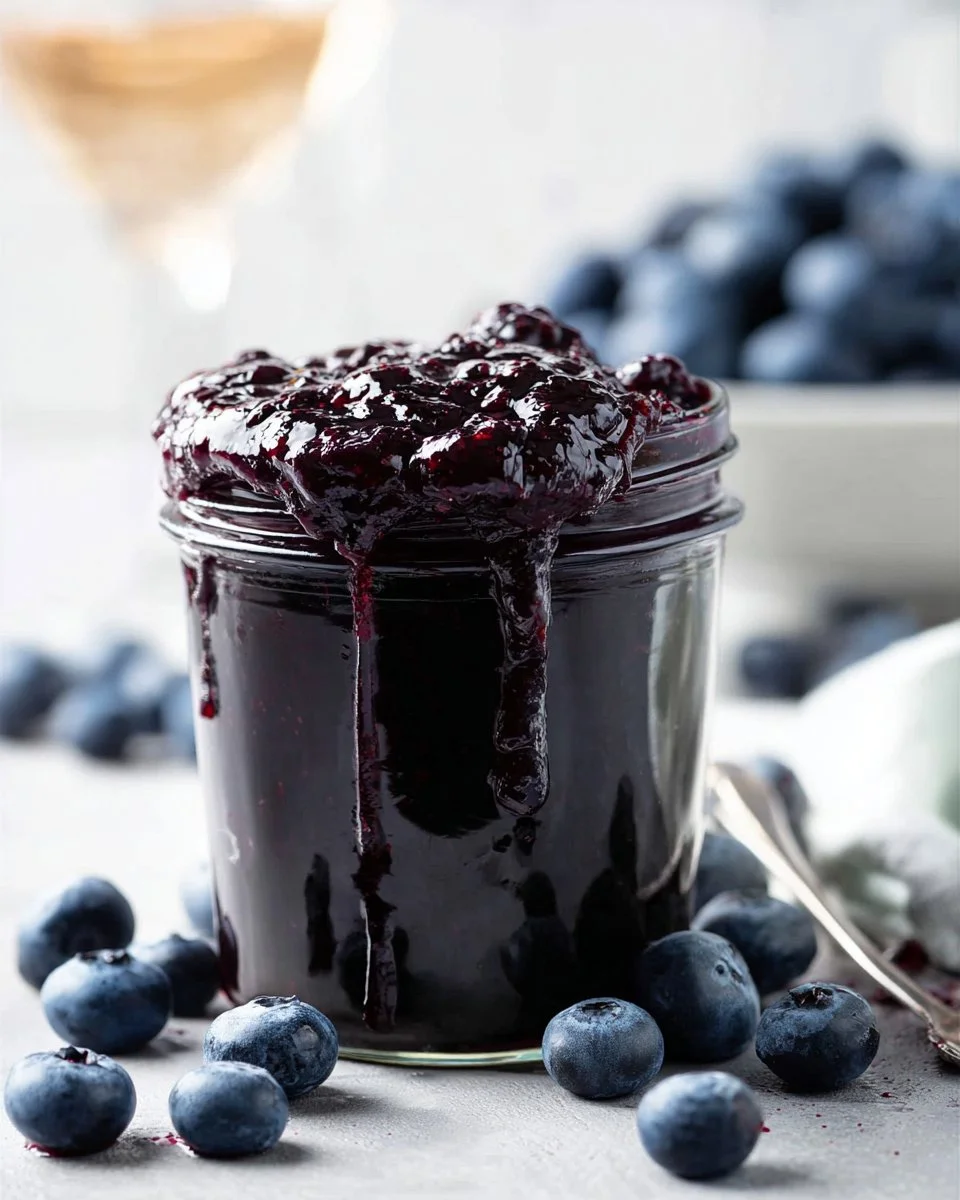 Jars of homemade Bourbon Blueberry Jam with fresh blueberries and bourbon bottle