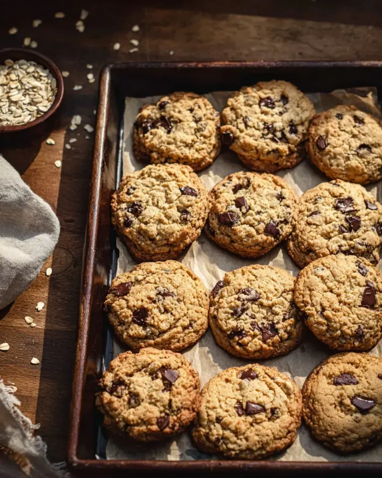 Delicious brown butter oatmeal chocolate chip cookies on a plate.