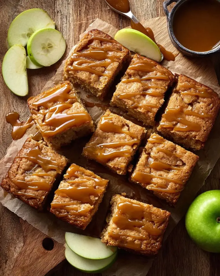 Delicious caramel apple snack cake topped with caramel drizzle and apples
