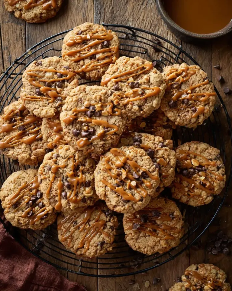 Homemade Carmelita Cookies with chocolate, oats, and melted caramel