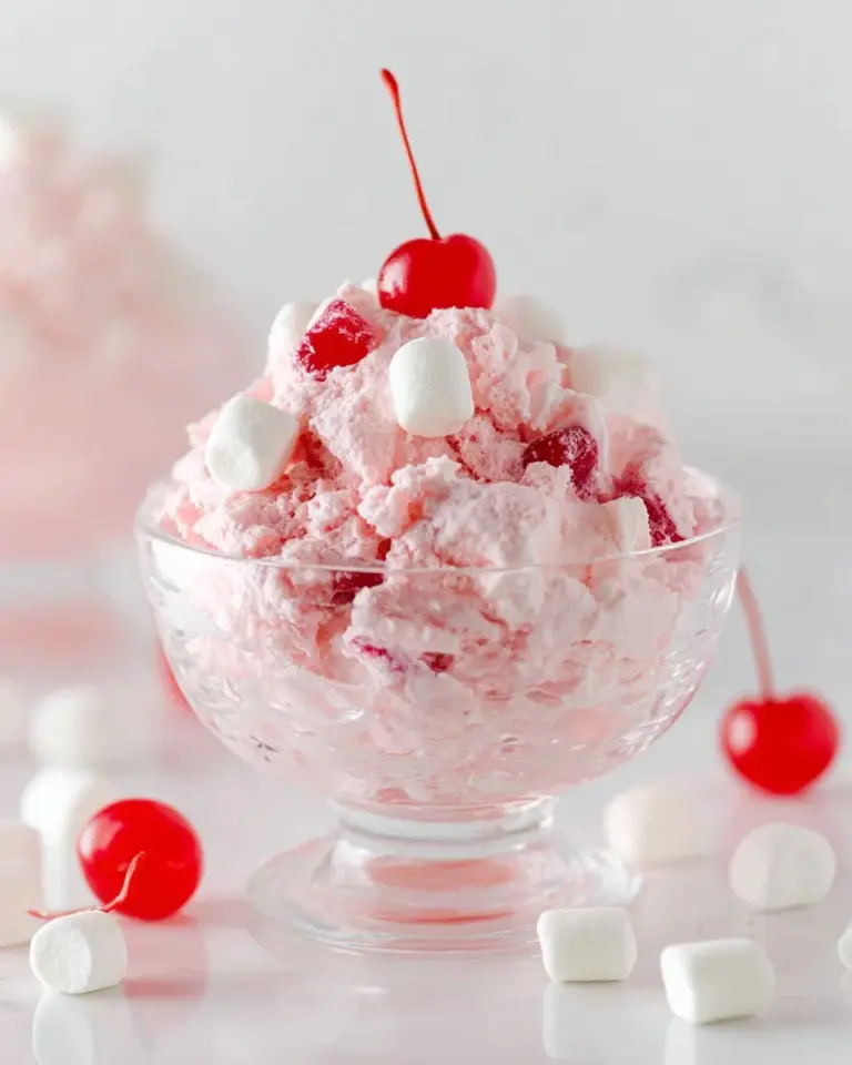Delicious Cherry Cheesecake Fluff dessert in a serving dish