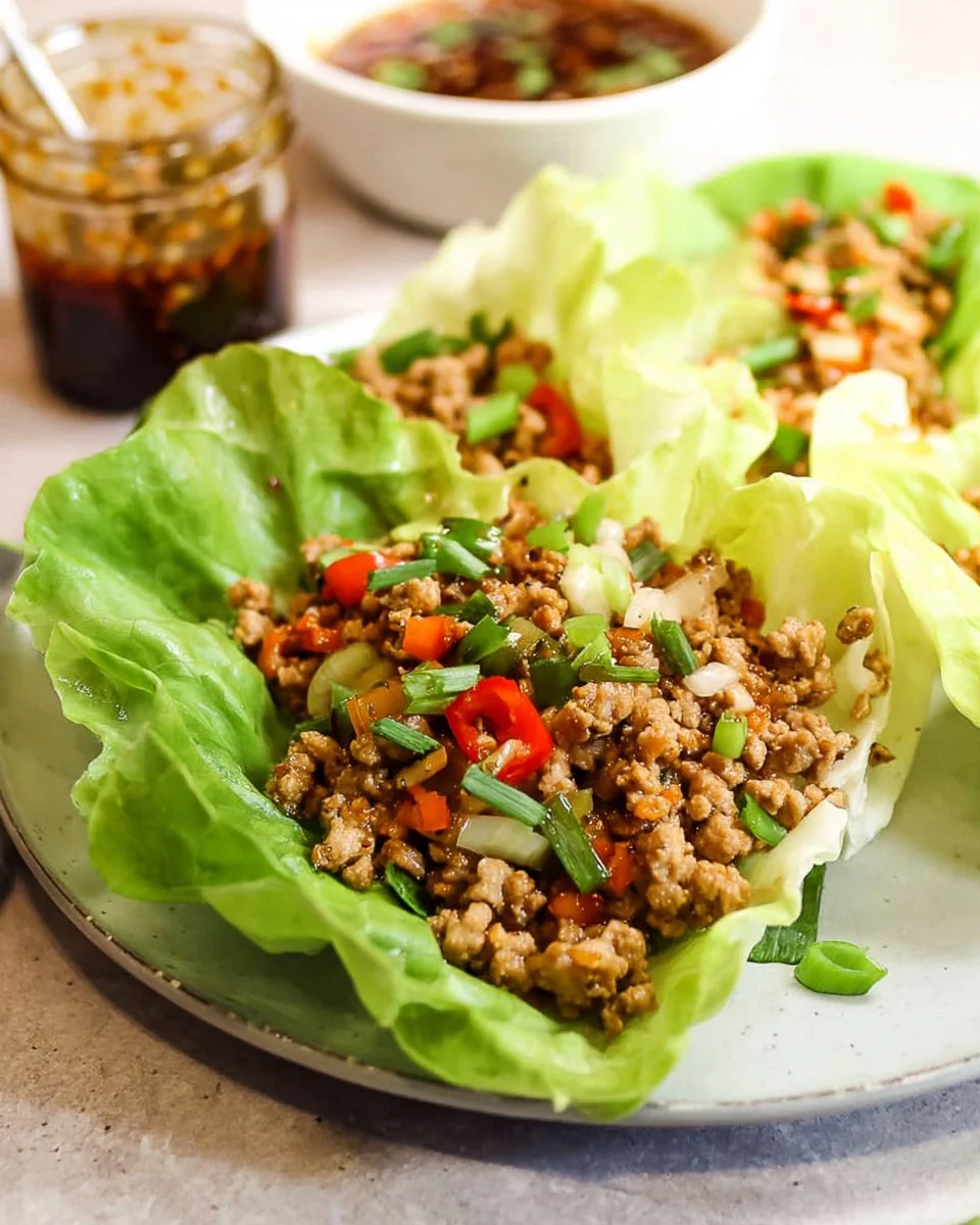 Delicious Chicken Lettuce Wraps served on a plate, garnished with herbs.