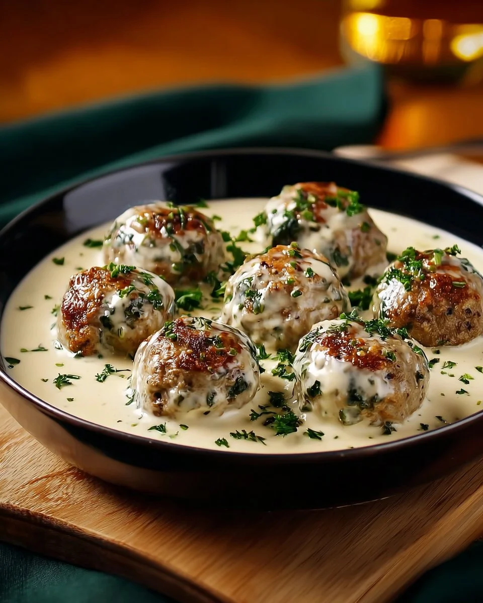 Delicious Chicken Ricotta Meatballs topped with Spinach Alfredo Sauce