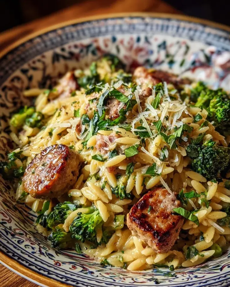 Chicken sausage and broccoli orzo dish served in a bowl