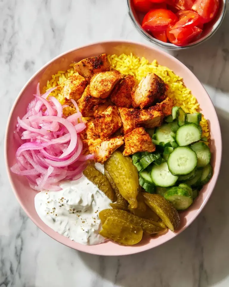 Delicious chicken shawarma bowl with fresh veggies and sauces