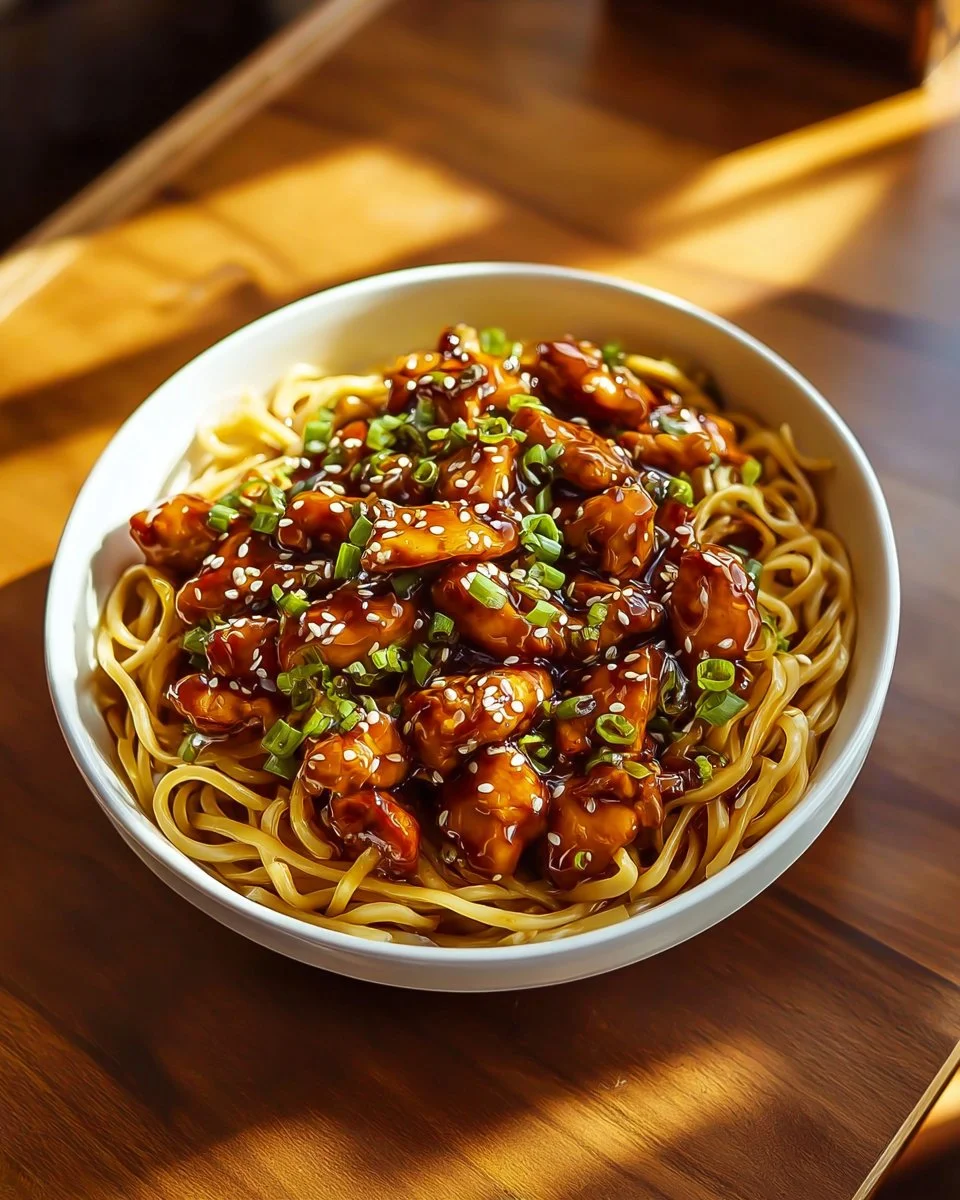 A bowl of Chicken Teriyaki Noodles topped with sesame seeds and green onions.