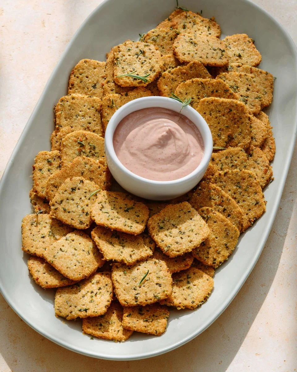 Homemade chickpea crackers with herbs and spices on a wooden board.