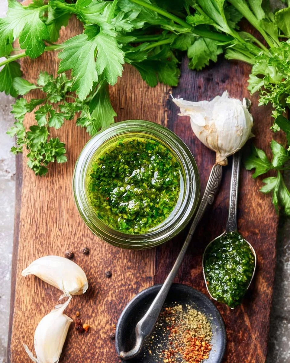 Homemade Chimichurri Sauce in a glass jar with fresh herbs