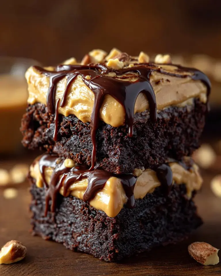 Decadent chocolate brownies topped with smooth peanut butter mousse