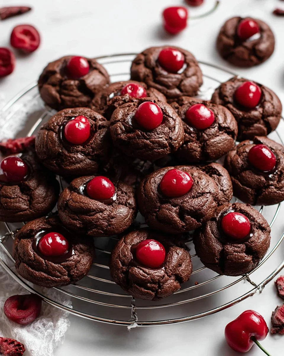 Chocolate covered cherry cookies with cherry filling and chocolate drizzle on top