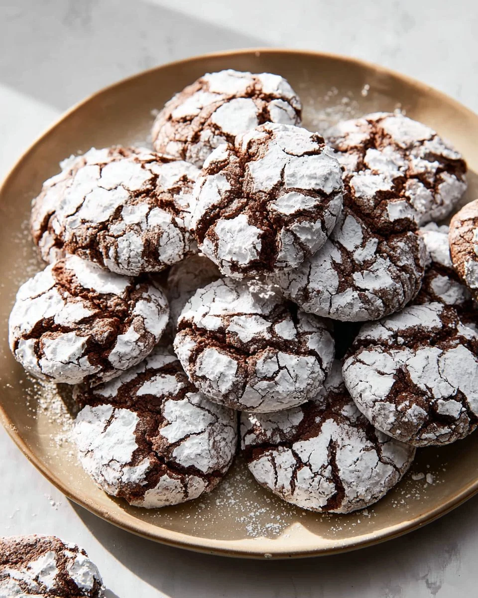 Chocolate Crinkle Cookies dusted with powdered sugar on a baking sheet