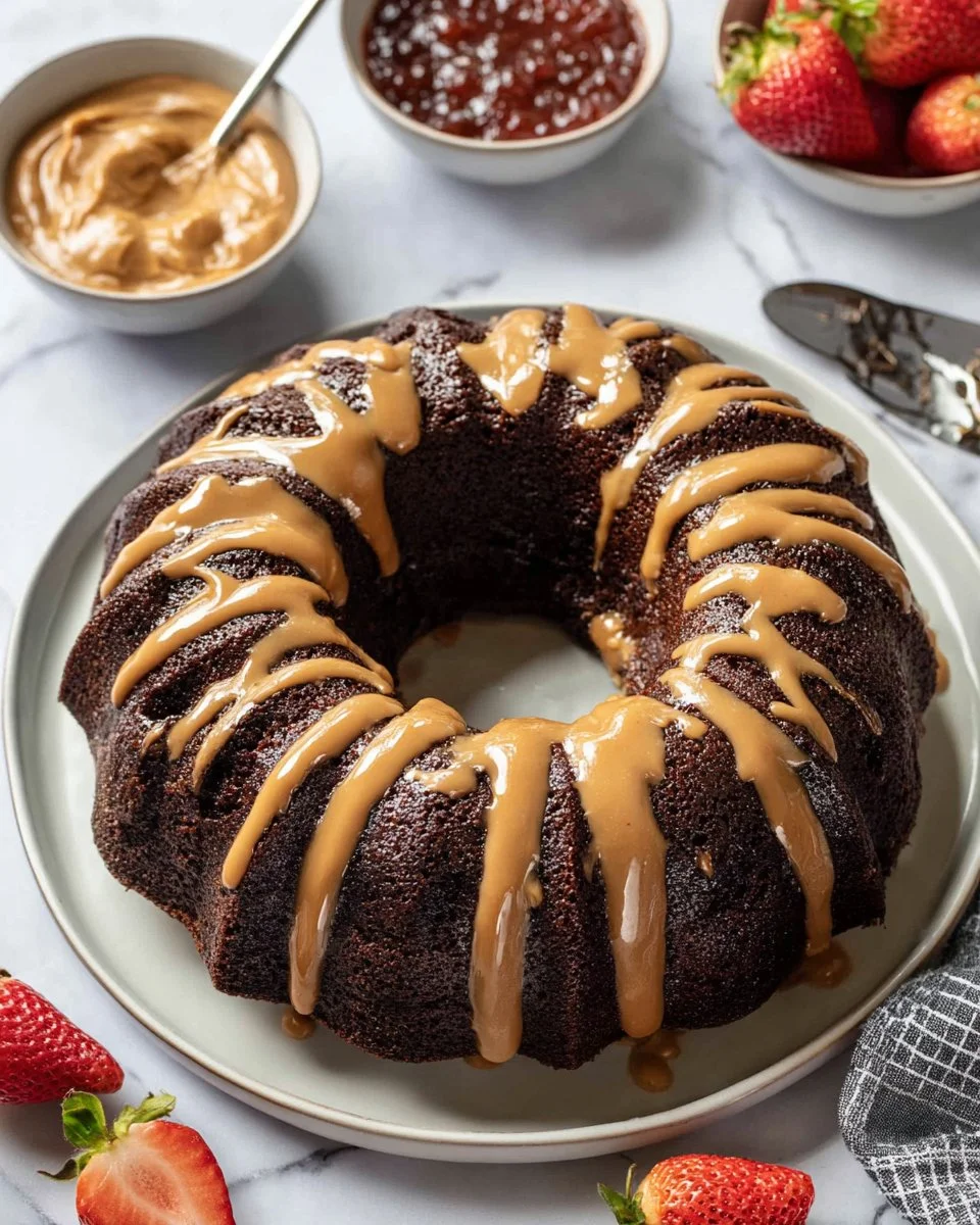 Chocolate Peanut Butter Bundt Cake drizzled with peanut butter icing and topped with chocolate shavings.