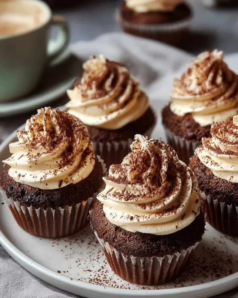 Chocolate Tiramisu Cupcakes with coffee cream frosting and cocoa dusting