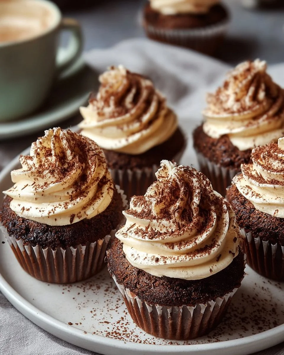 Chocolate Tiramisu Cupcakes with coffee cream frosting and cocoa dusting