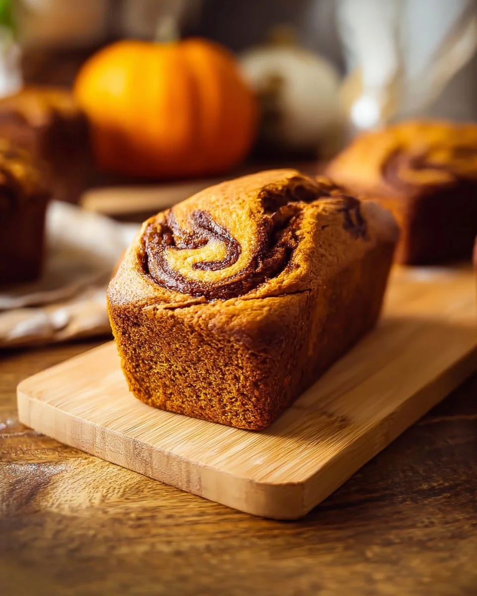 Delicious cinnamon swirl pumpkin bread baked with spices and served on a wooden table