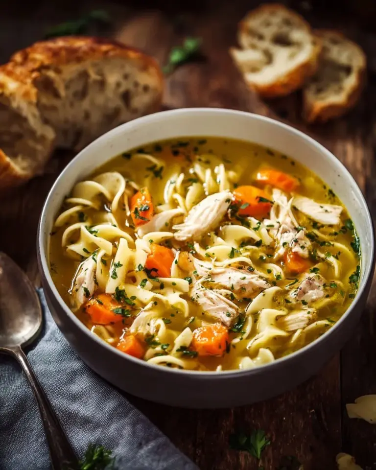 Delicious bowl of classic chicken noodle soup with fresh ingredients