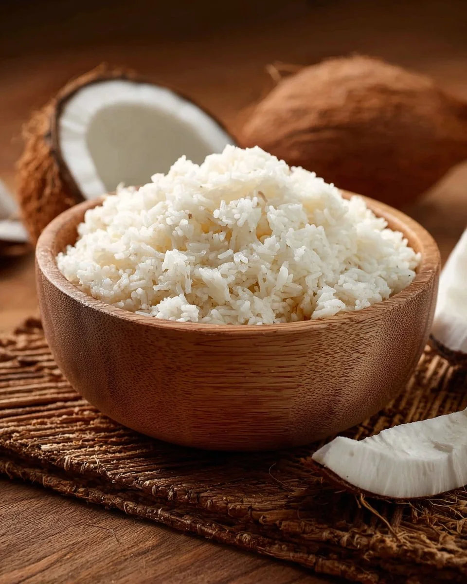Delicious bowl of Coconut Rice served with fresh herbs and vegetables.
