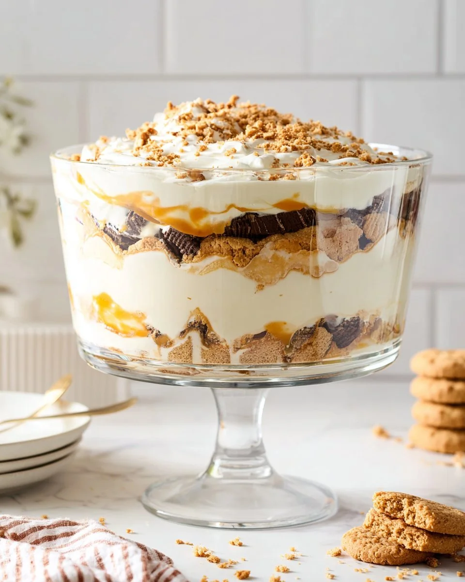 Delicious Cookie Salad Trifle layered with cookies, cream, and fruit in a serving dish