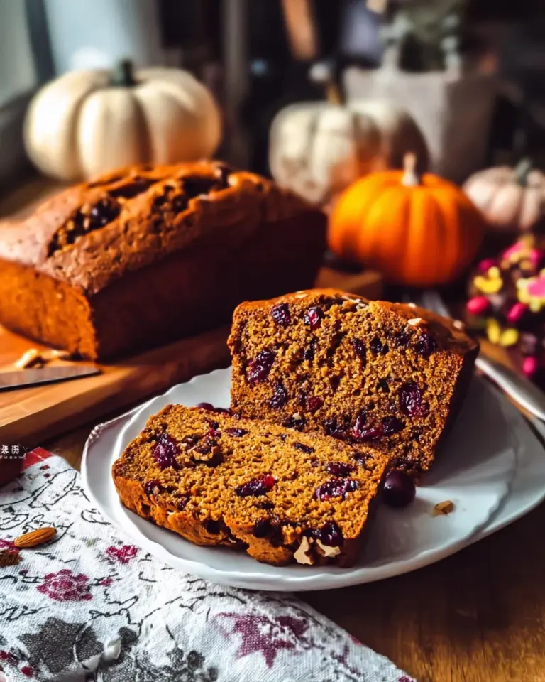 Slices of cranberry pecan pumpkin bread with toppings on a wooden table