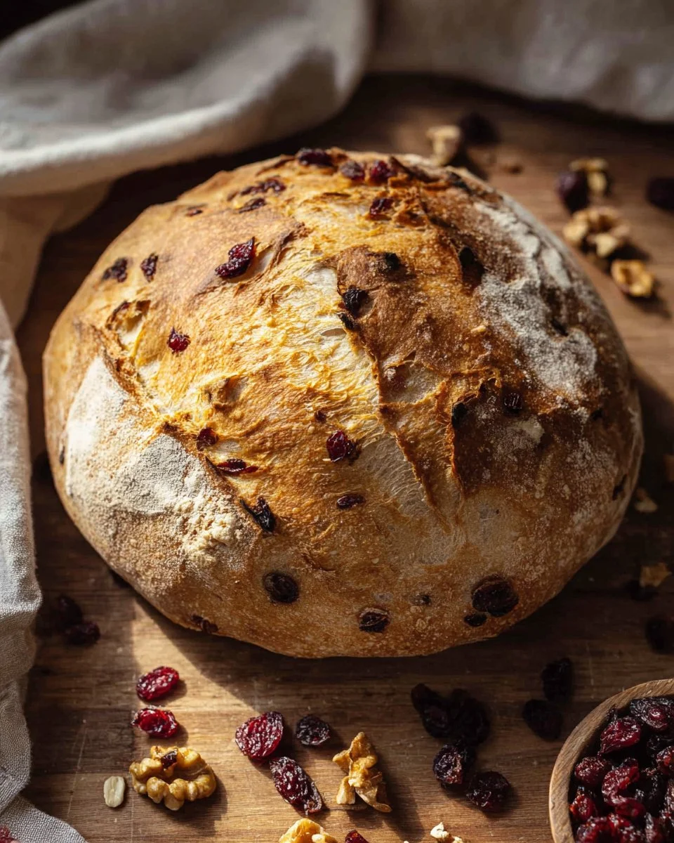 Freshly baked Cranberry Walnut Bread with cranberries and walnuts on a wooden table
