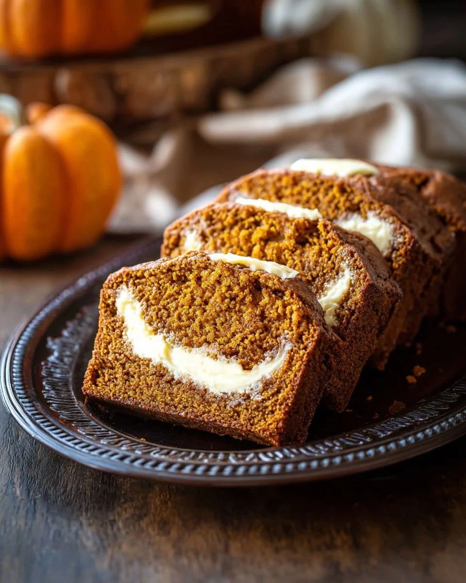 Slice of cream cheese filled pumpkin bread on a wooden table
