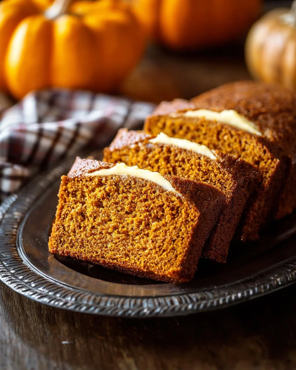 Cream Cheese Filled Pumpkin Bread slice on a plate with a autumn background
