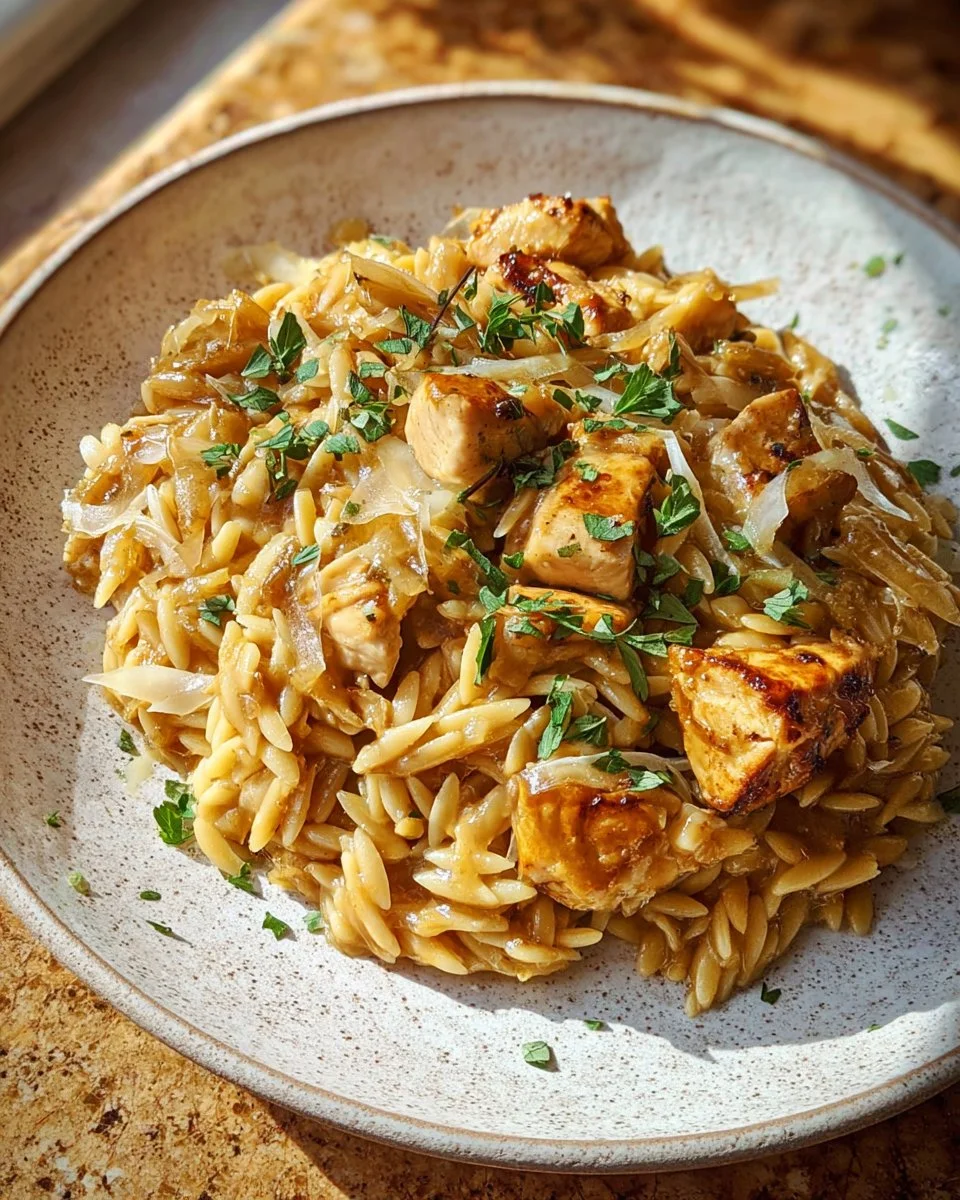 Creamy French onion chicken orzo casserole dish garnished with herbs.