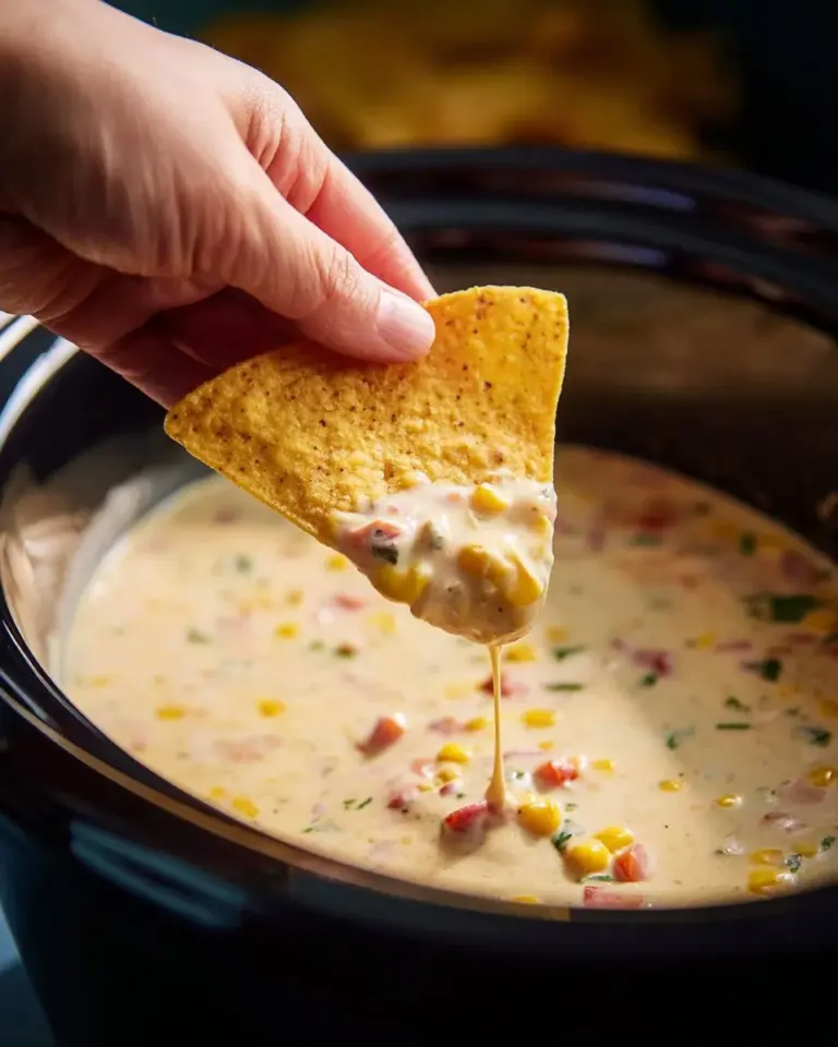 Crock Pot white cheese dip served with tortilla chips
