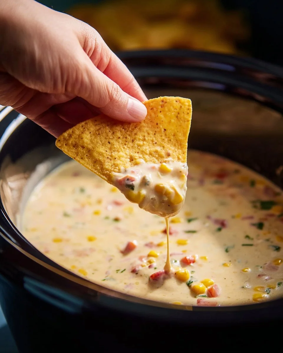 Crock Pot white cheese dip served with tortilla chips