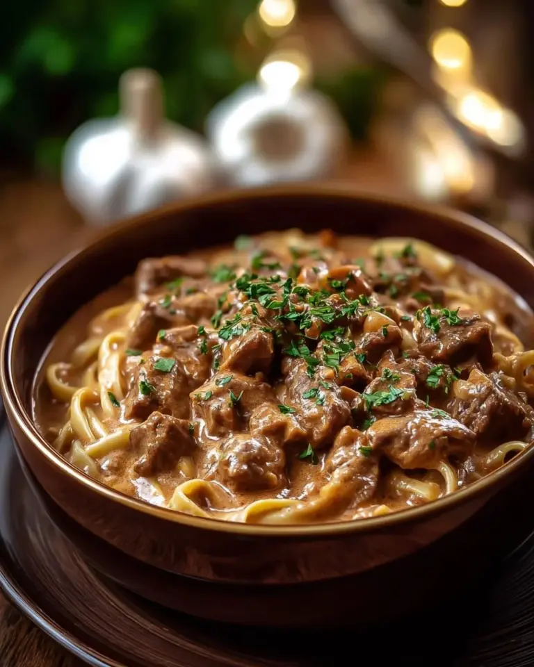 Crockpot Beef Stroganoff served in a bowl with fresh parsley garnish