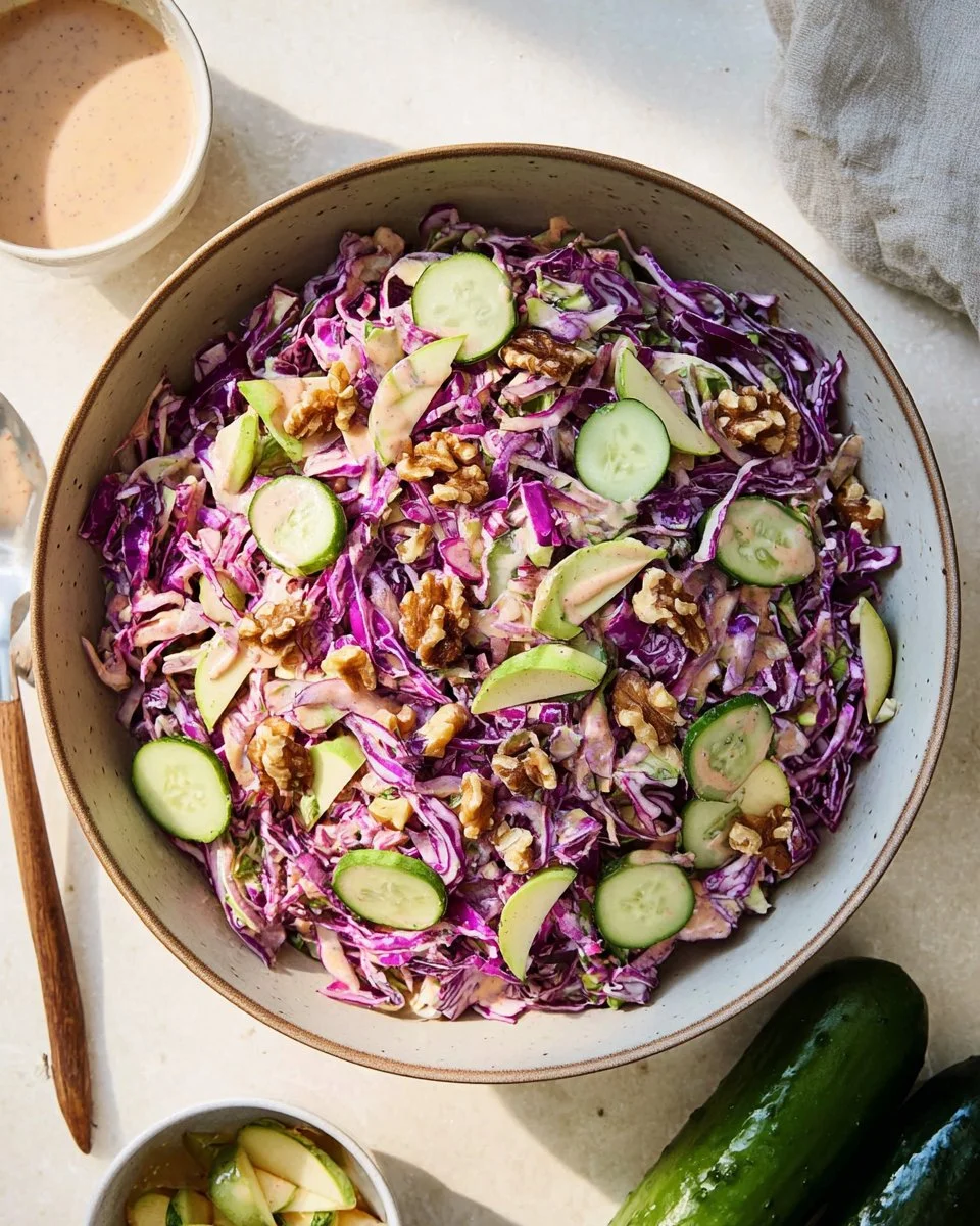 A vibrant bowl of crunchy red cabbage salad with vegetables and dressing.